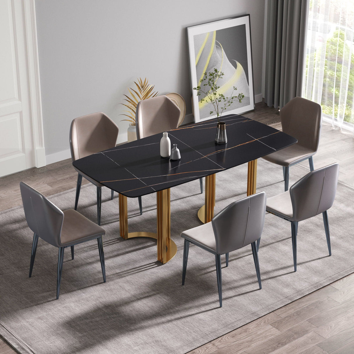 Couch.com 70.87" Modern Artificial Stone Black Curved Metal Leg Dining Table, Can Accommodate 6-8 People Black / Gold, Easy to Clean, Marble/Stone Construction, Black Finish by Couch.com