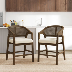 Wooden Frame Counter Stool with Rattan Back - Set of 2