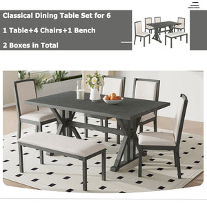 Topmax - 6 Piece Farmhouse Classical Dining Table Set With Trestle Legs, Kitchen Table Set For 6 With 4 Upholstered Dining Chairs And Bench by Couch.com