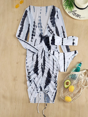 Horizon Haze 3-Piece Tie Dye Bandeau Bikini Set for Women – Strapless Tube Top with Long Sleeve Semi-Sheer Cover-Up Dress for Summer – Artistic Stripe Print Swimwear Ensemble for Bold Summer Fashion