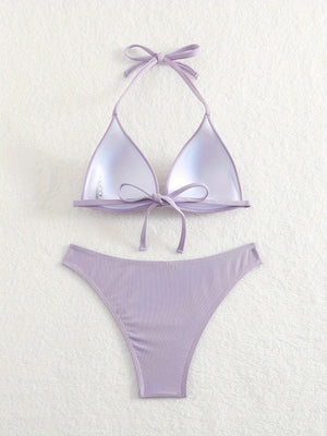 Bikini Rib Knit Solid Color Triangle 2 Piece Swimsuit for Women – Adjustable Tie Back Halter Bikini Set with Spaghetti Straps – High Stretch Polyester Swimwear for Summer Beachwear Poolside Relaxation and Tropical Vacation