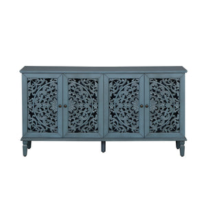 60" Antique Buffet Cabinet with Floral Carvings and Adjustable Shelves