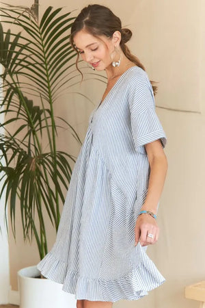 Ruffled Hem Striped V-Neck Babydoll Dress For Summer – Playful, Feminine, Fluttering, Stylish, Effortlessly Chic