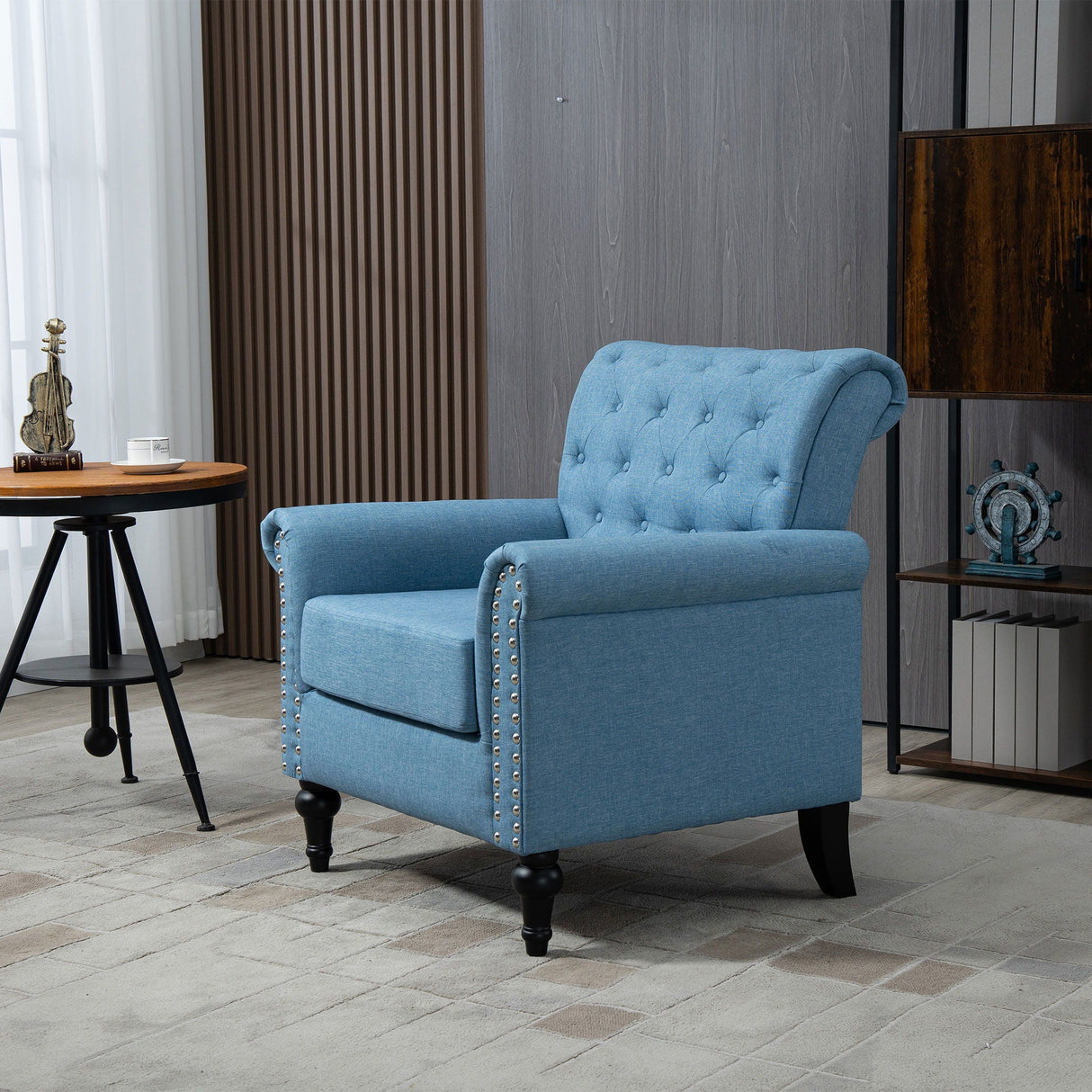 Mid-Century Modern Accent Chair, Linen Armchair With Tufted Back / Wood Legs, Upholstered Lounge Arm Chair Single Sofa For Living Room Bedroom by Couch.com