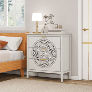 3 Drawer Cabinet With Hollow Carved 3 Drawer Dresser Storage Chest With Metal Handles For Entryway Living Room Bedroom - Beige by Couch.com