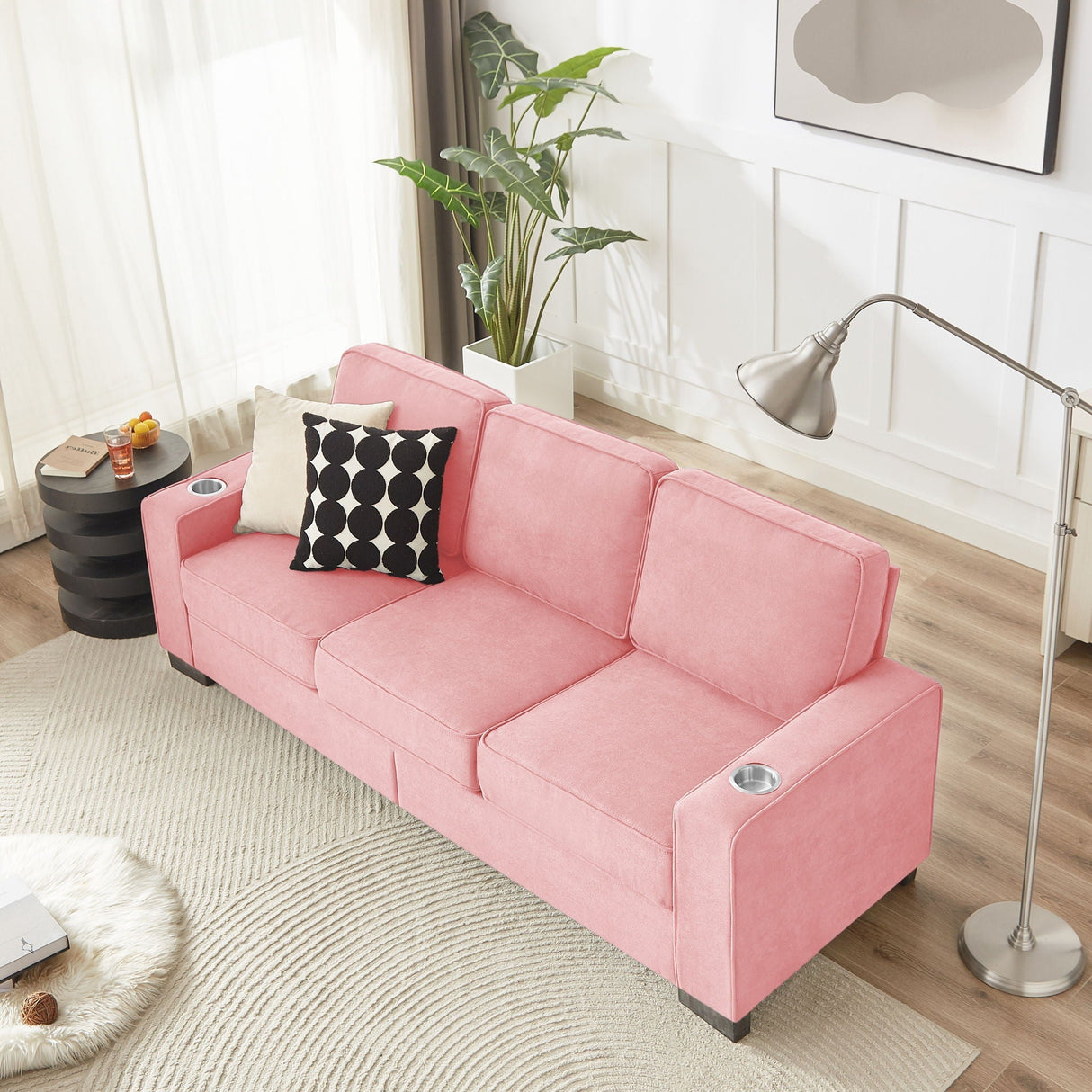 Modern Snowfleece Fabric 3 Seater Sofa With Cup Holder