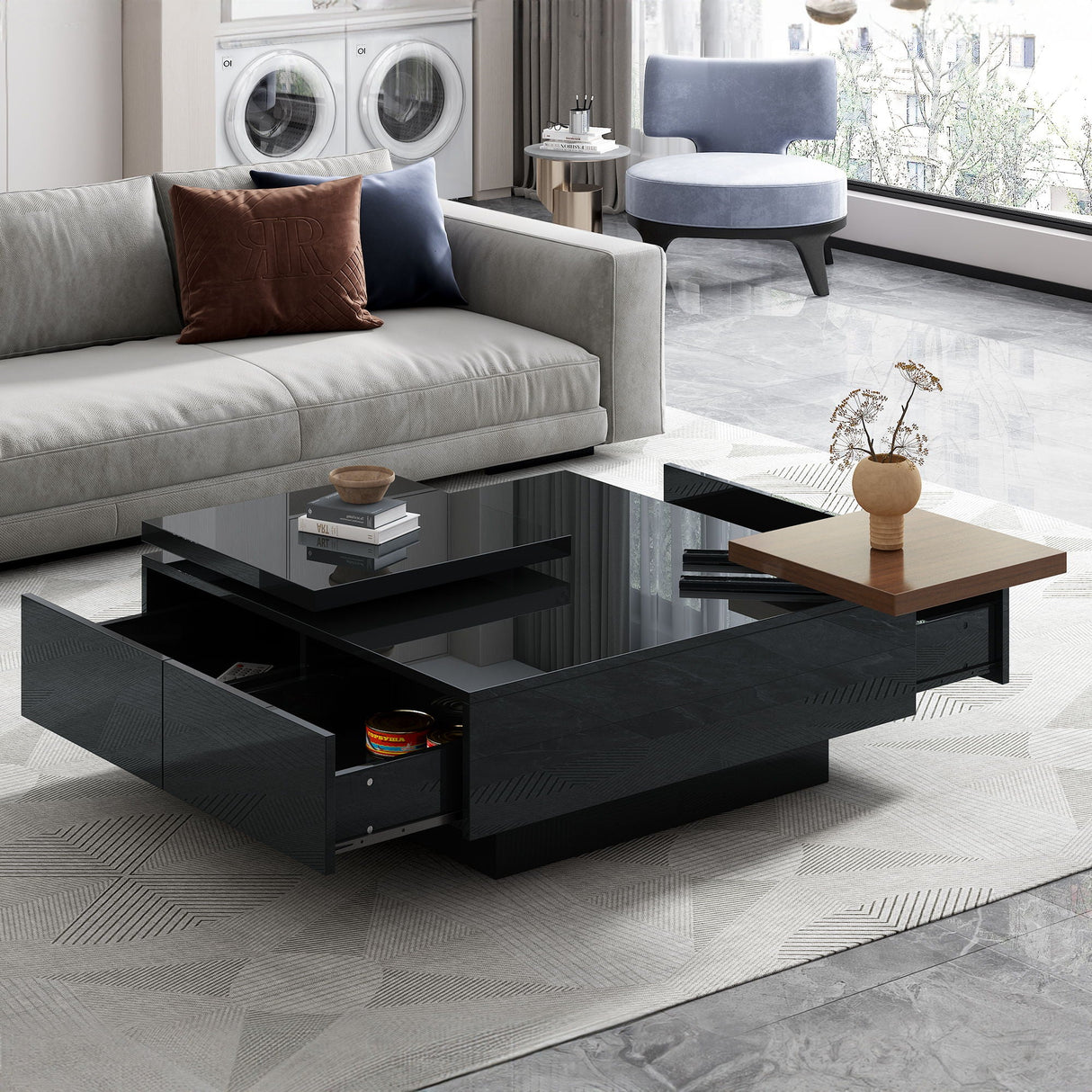 Movable Square Top Coffee Table With 4 Hidden Storage Drawers by Couch.com