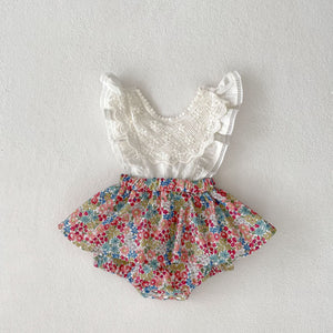Baby Flounced Sleeve Suspender Fake Two Pieces Bottom-covering Rompers
