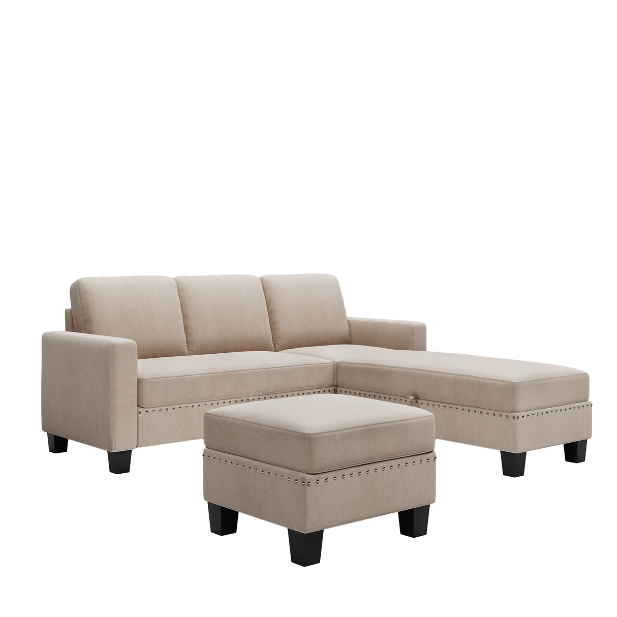 Reversible Sectional Couch With Storage Ottoman L-Shaped Sofa, Sectional Sofa With Chaise, Nailheaded Textured Fabric 3 Pieces Sofa Set - Warm Gray by Couch.com
