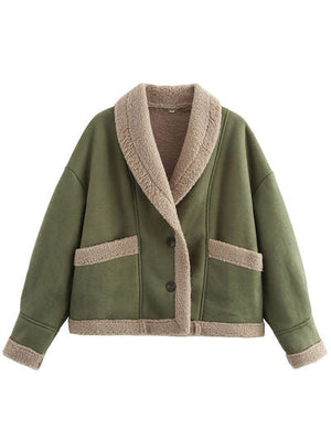 Fuzzy Collared Neck Long Sleeve Jacket with Buttoned Closure and Cozy Pockets