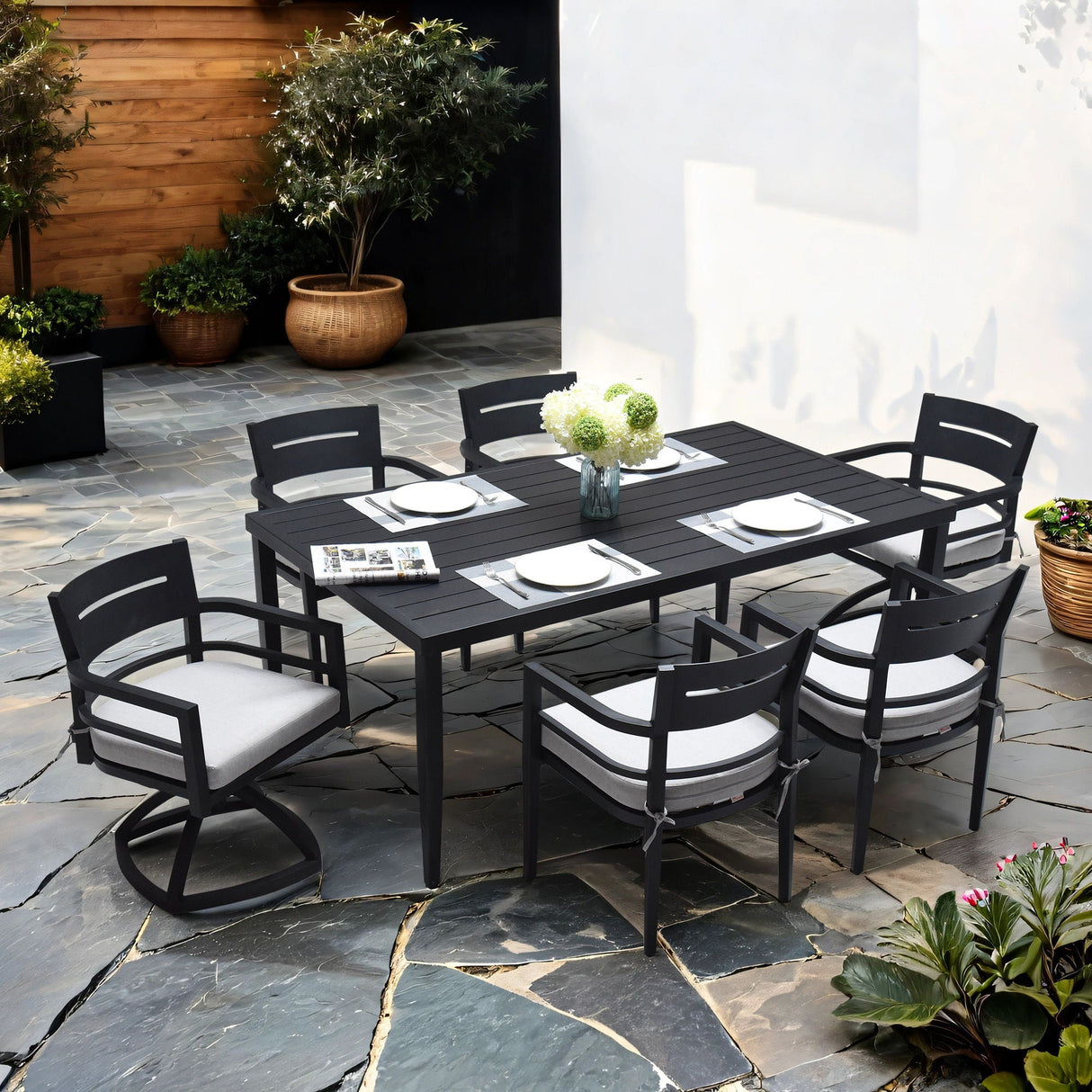 7 Piece Dining Set Modern Outdoor Patio Furniture, Including 4 Dining Chairs & 2 Swivel Rockers Sunbrella Fabric Cushioned And Rectangle Dining Table With Umbrella Hole by Couch.com