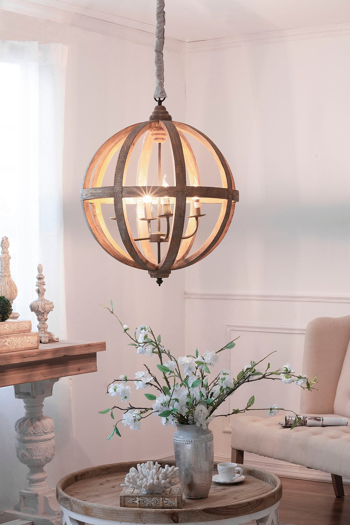 4 Light Wood Chandelier with Adjustable Chain