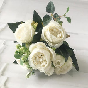Beautiful Rose Peony Artificial Silk Eucalyptus Fake Flowers Small bouquet Flores Home Party Spring Wedding Decoration Artificial Silk Rose Flower Bouquet Lifelike Fake Rose for Wedding Home Party Decoration Event Gift