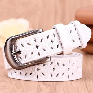 Beautiful Vintage White Genuine Leather Belts With Pin Buckle Strap Floral Design Classic Ladies Waistbands