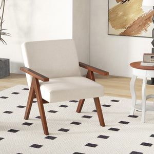 Modern Accent Chair Linen Fabric Armchair with Solid Acacia Wood Frame-Beige