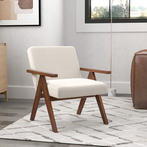 Modern Accent Chair Linen Fabric Armchair with Solid Acacia Wood Frame-Beige
