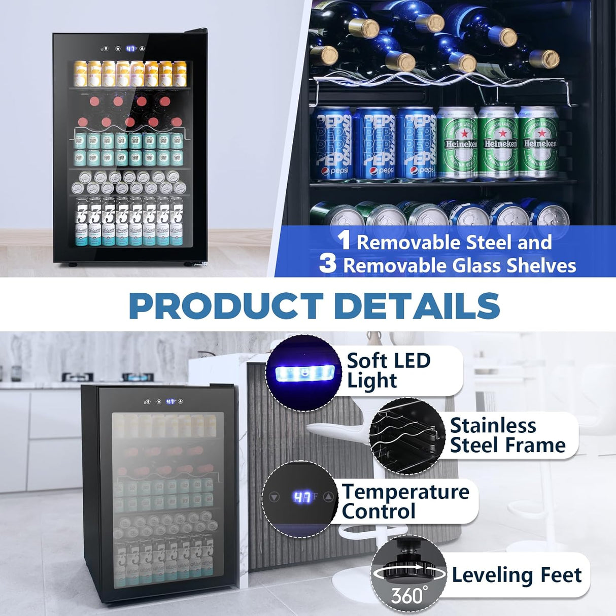Beverage Refrigerator Cooler 4.5 Cu.Ft,145 Can Mini Fridge with Glass Door W58128BH
