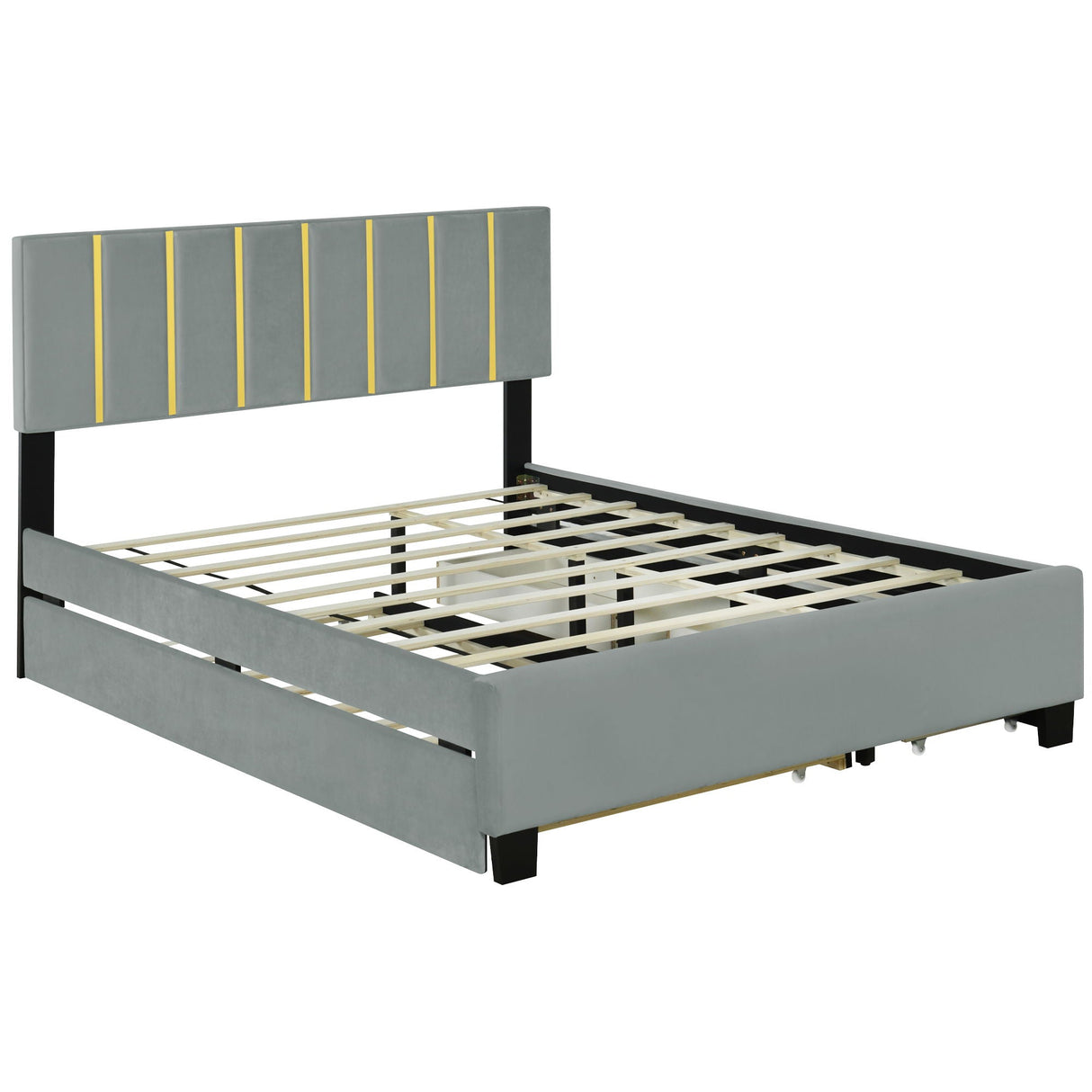 Upholstered Platform Bed With 2 Drawers And 1 Trundle, Classic Strip Headboard Design by Couch.com