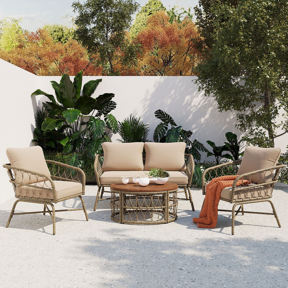 Bohemia-Inspired 4 Person Outdoor Seating Group With Removable Cushions, Conversation Patio Set With Wood Tabletop - Beige by Couch.com