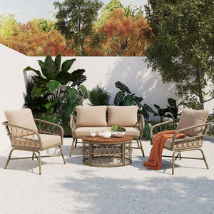 Bohemia-Inspired 4 Person Outdoor Seating Group With Removable Cushions, Conversation Patio Set With Wood Tabletop - Beige by Couch.com