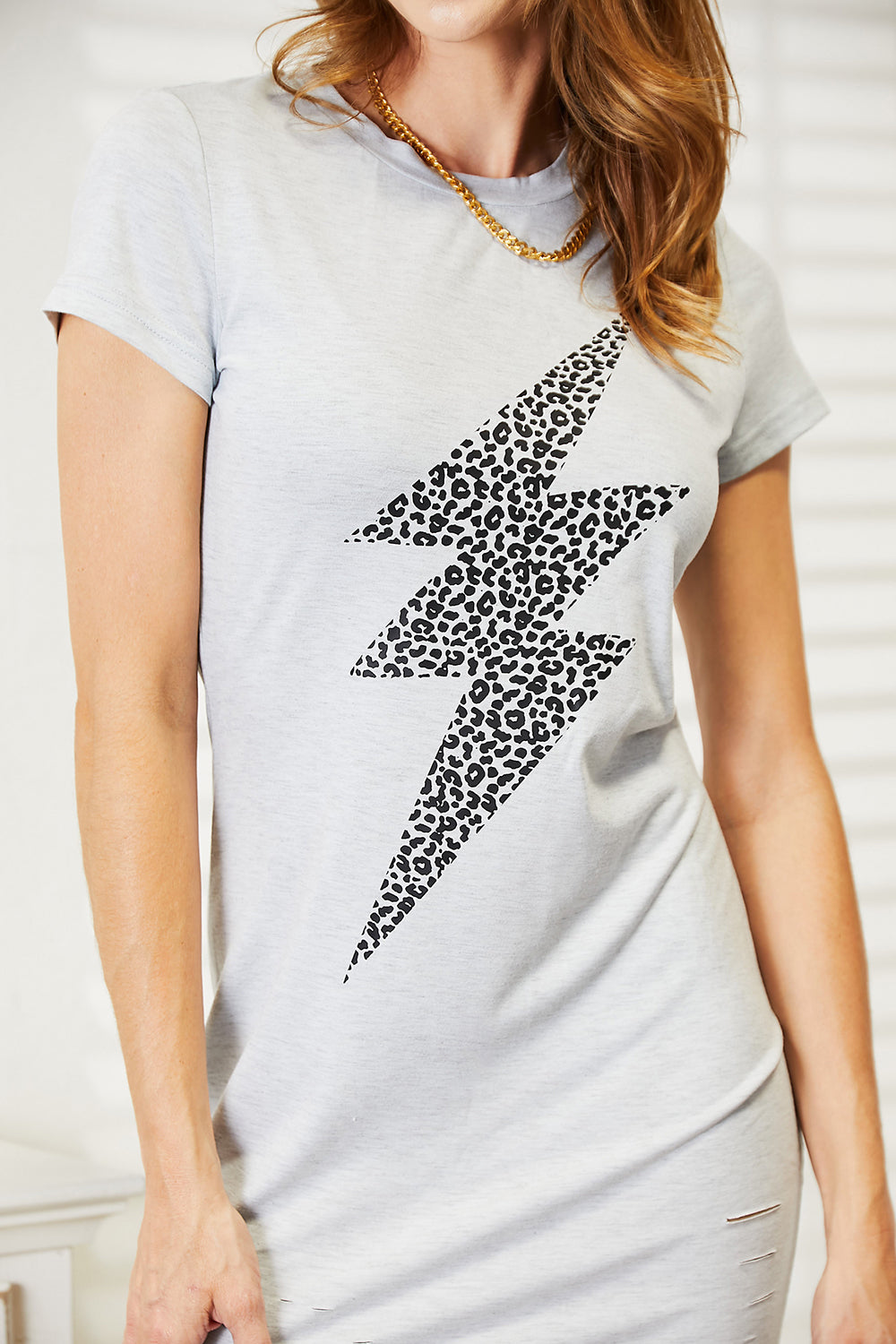 Light Gray Double Take Leopard Lightning Graphic Tee Dress Simple And Effortless Style Tee Dress