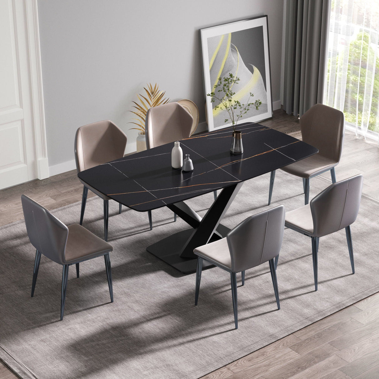 70.87" Modern Artificial Stone Black Curved Black Metal Leg Dining Table, Can Accommodate 6-8 People - Black by Couch.com