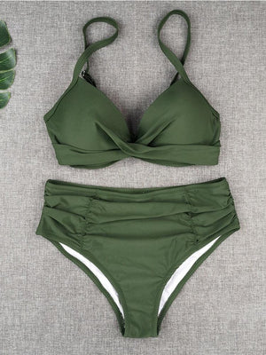 Bikini Sets Solid Color Swimsuit  Mid-Waist  Gather Cup Bikinis Women Swimwear Female Bathing Suits Beach wear  Two Piece Swimsuits Triangle Bikini swimsuits for Women