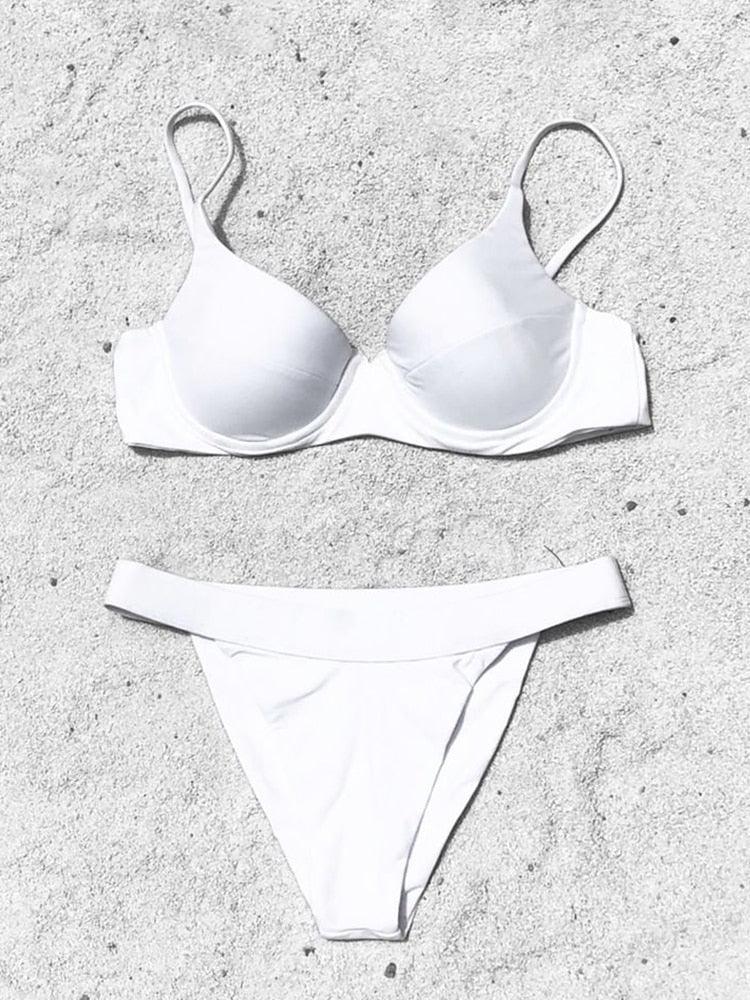 Bikini Swimwear Women High Waist Swimsuit Solid Color Bikini Set Women's Push Up Underwire Top Bottom Bikini Bathing Swimsuits Beach Wear Padded Push Up Bikini Set Female