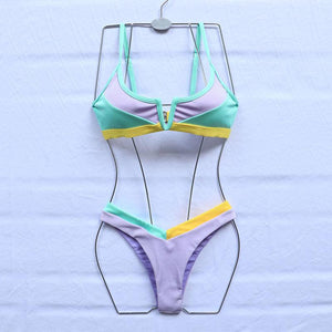 Bikinis Ribbed Swimwear Women's Swimsuit Push Up Bathing Suit Solid Patchwork High Cut Bikini Set Women Padded Push up Bikini Set Halter Two Piece Cross Top Swimsuit Patchwork Bathing Suit