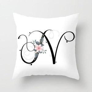 Black Alphabet Flower Print Pillow Cover White Polyester Modern Cushion Cover Decorative Pillowcase For Sofa Bed Chair Car Throw Pillow Covers Decorative Pillow Cases ABC Letter Cushion Covers Square Pillow Protectors Home Decor 45x45cm