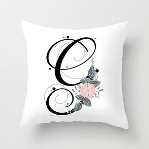 Black Alphabet Flower Print Pillow Cover White Polyester Modern Cushion Cover Decorative Pillowcase For Sofa Bed Chair Car Throw Pillow Covers Decorative Pillow Cases ABC Letter Cushion Covers Square Pillow Protectors Home Decor 45x45cm