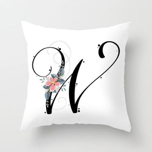 Black Alphabet Flower Print Pillow Cover White Polyester Modern Cushion Cover Decorative Pillowcase For Sofa Bed Chair Car Throw Pillow Covers Decorative Pillow Cases ABC Letter Cushion Covers Square Pillow Protectors Home Decor 45x45cm