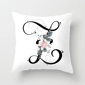 Black Alphabet Flower Print Pillow Cover White Polyester Modern Cushion Cover Decorative Pillowcase For Sofa Bed Chair Car Throw Pillow Covers Decorative Pillow Cases ABC Letter Cushion Covers Square Pillow Protectors Home Decor 45x45cm