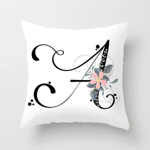 Black Alphabet Flower Print Pillow Cover White Polyester Modern Cushion Cover Decorative Pillowcase For Sofa Bed Chair Car Throw Pillow Covers Decorative Pillow Cases ABC Letter Cushion Covers Square Pillow Protectors Home Decor 45x45cm