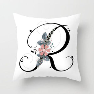 Black Alphabet Flower Print Pillow Cover White Polyester Modern Cushion Cover Decorative Pillowcase For Sofa Bed Chair Car Throw Pillow Covers Decorative Pillow Cases ABC Letter Cushion Covers Square Pillow Protectors Home Decor 45x45cm