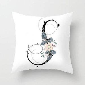 Black Alphabet Flower Print Pillow Cover White Polyester Modern Cushion Cover Decorative Pillowcase For Sofa Bed Chair Car Throw Pillow Covers Decorative Pillow Cases ABC Letter Cushion Covers Square Pillow Protectors Home Decor 45x45cm