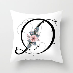Black Alphabet Flower Print Pillow Cover White Polyester Modern Cushion Cover Decorative Pillowcase For Sofa Bed Chair Car Throw Pillow Covers Decorative Pillow Cases ABC Letter Cushion Covers Square Pillow Protectors Home Decor 45x45cm