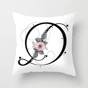 Black Alphabet Flower Print Pillow Cover White Polyester Modern Cushion Cover Decorative Pillowcase For Sofa Bed Chair Car Throw Pillow Covers Decorative Pillow Cases ABC Letter Cushion Covers Square Pillow Protectors Home Decor 45x45cm