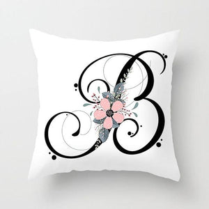 Black Alphabet Flower Print Pillow Cover White Polyester Modern Cushion Cover Decorative Pillowcase For Sofa Bed Chair Car Throw Pillow Covers Decorative Pillow Cases ABC Letter Cushion Covers Square Pillow Protectors Home Decor 45x45cm