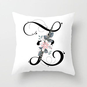Black Alphabet Flower Print Pillow Cover White Polyester Modern Cushion Cover Decorative Pillowcase For Sofa Bed Chair Car Throw Pillow Covers Decorative Pillow Cases ABC Letter Cushion Covers Square Pillow Protectors Home Decor 45x45cm