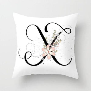 Black Alphabet Flower Print Pillow Cover White Polyester Modern Cushion Cover Decorative Pillowcase For Sofa Bed Chair Car Throw Pillow Covers Decorative Pillow Cases ABC Letter Cushion Covers Square Pillow Protectors Home Decor 45x45cm