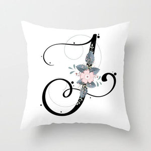 Black Alphabet Flower Print Pillow Cover White Polyester Modern Cushion Cover Decorative Pillowcase For Sofa Bed Chair Car Throw Pillow Covers Decorative Pillow Cases ABC Letter Cushion Covers Square Pillow Protectors Home Decor 45x45cm