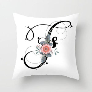 Black Alphabet Flower Print Pillow Cover White Polyester Modern Cushion Cover Decorative Pillowcase For Sofa Bed Chair Car Throw Pillow Covers Decorative Pillow Cases ABC Letter Cushion Covers Square Pillow Protectors Home Decor 45x45cm