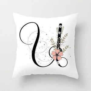 Black Alphabet Flower Print Pillow Cover White Polyester Modern Cushion Cover Decorative Pillowcase For Sofa Bed Chair Car Throw Pillow Covers Decorative Pillow Cases ABC Letter Cushion Covers Square Pillow Protectors Home Decor 45x45cm
