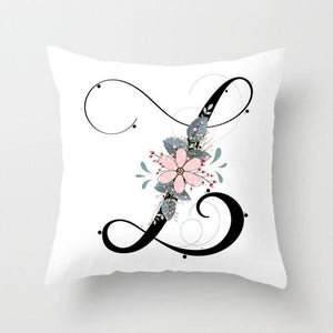 Black Alphabet Flower Print Pillow Cover White Polyester Modern Cushion Cover Decorative Pillowcase For Sofa Bed Chair Car Throw Pillow Covers Decorative Pillow Cases ABC Letter Cushion Covers Square Pillow Protectors Home Decor 45x45cm