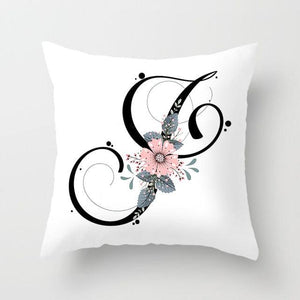 Black Alphabet Flower Print Pillow Cover White Polyester Modern Cushion Cover Decorative Pillowcase For Sofa Bed Chair Car Throw Pillow Covers Decorative Pillow Cases ABC Letter Cushion Covers Square Pillow Protectors Home Decor 45x45cm