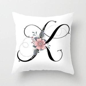 Black Alphabet Flower Print Pillow Cover White Polyester Modern Cushion Cover Decorative Pillowcase For Sofa Bed Chair Car Throw Pillow Covers Decorative Pillow Cases ABC Letter Cushion Covers Square Pillow Protectors Home Decor 45x45cm