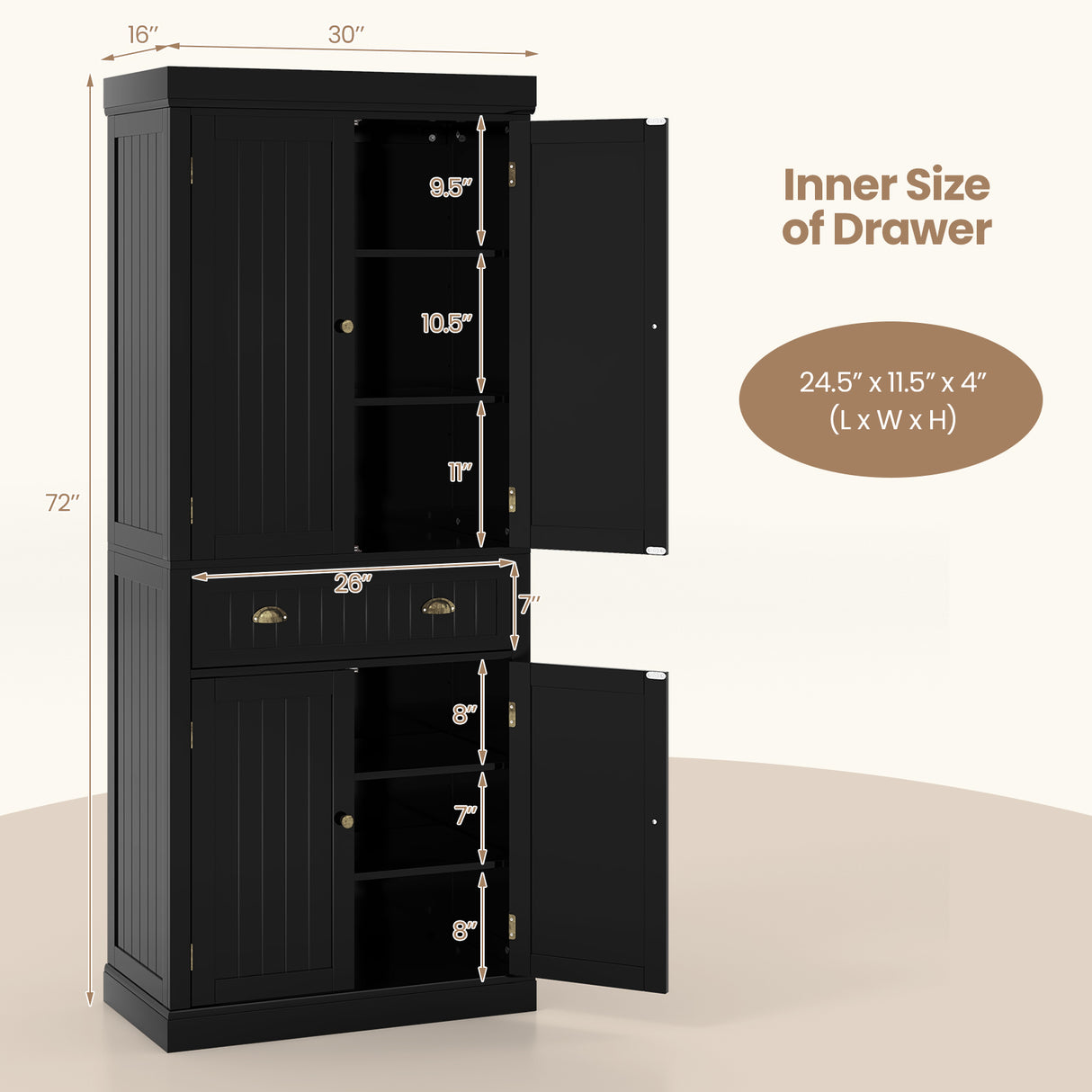 Cupboard Freestanding Kitchen Cabinet w/ Adjustable Shelves-Black