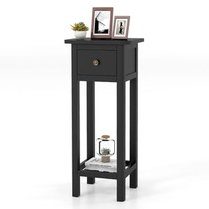 2 Tier Slim Nightstand Bedside Table with Drawer Shelf-Brown