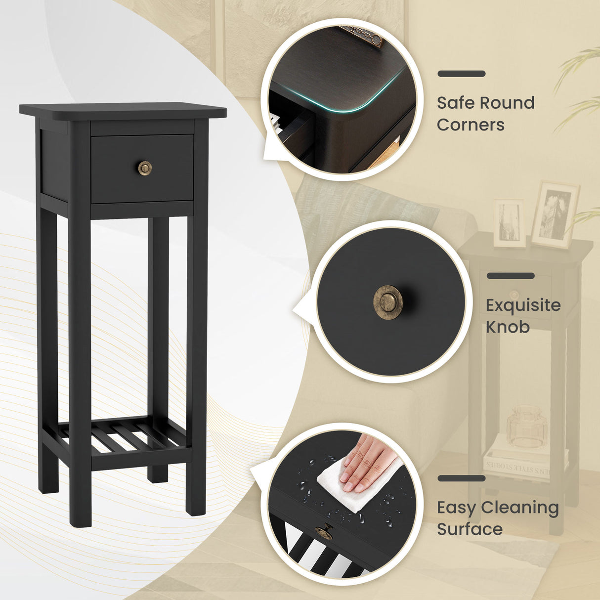 2 Tier Slim Nightstand Bedside Table with Drawer Shelf-Brown